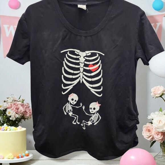 Silk Road Tees Maternity Twin Girls T-Shirt Womens XL-XXL Skeletons Cinched Side - Picture 1 of 7